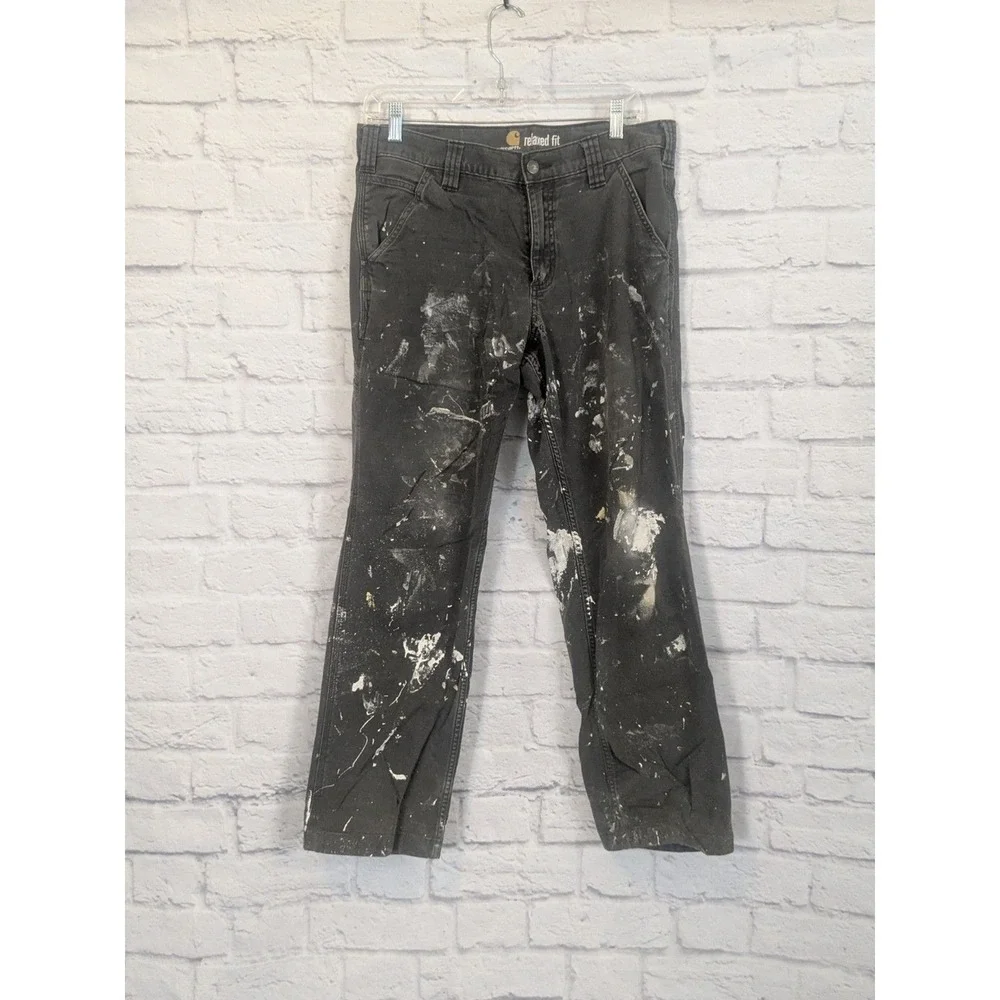Mens THRASHED  Carhartt‎ Grey Work Pant Relaxed Fit Stains Distressed 32x27